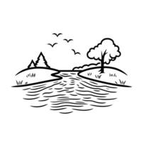 Black and white drawing of a river with a tree on the right bank vector