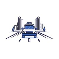 A car driving down the road with a city skyline in the background vector