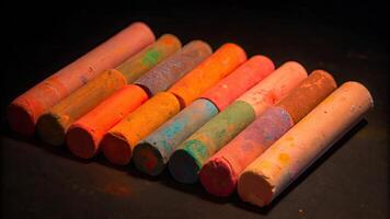 Colorful chalks arranged in a neat line on a dark surface. photo