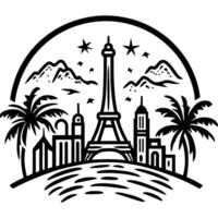 Black and white drawing of the Eiffel Tower in Paris with palm trees in the ba vector