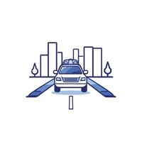 Car is driving down a road with a city in the background vector