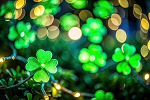 Glowing green clovers create a festive and magical atmosphere. photo