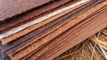 Close-up of stacked sheets of textured brown paper. photo