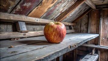 Single apple resting on rustic wooden shelves in an attic. photo