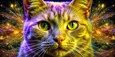 Vibrant and colorful cat portrait with an artistic glow. photo