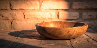 Wooden bowl on a rustic brick background with warm lighting. photo