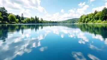 A lake with trees and clouds reflected in it video