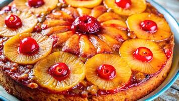 Pineapple and cherry upside-down cake on a vibrant blue plate. photo