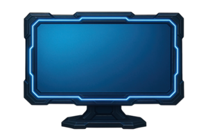 Futuristic sci-fi computer monitor with glowing blue frame isolated on transparent background, png