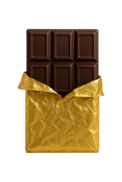 Dark Chocolate Bar Partially Wrapped in Gold Foil, Isolated on Transparent Background, png