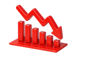 Red bar chart with downward arrow isolated on transparent background, png