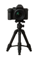 Professional digital camera on tripod front view isolated on transparent background, png