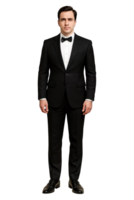 Realistic man in black tuxedo with bow tie standing front view isolated on transparent background, png