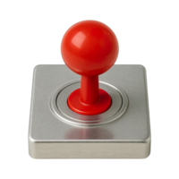 Realistic red arcade joystick on metallic square base isolated on transparent background, png