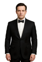 Realistic close-up of man in black tuxedo and bow tie isolated on transparent background, png