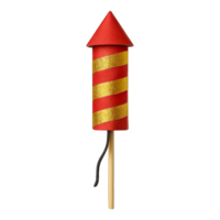 Realistic red and gold firework rocket with fuse isolated on transparent background, png