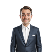 Smiling businessman in suit with surprised expression against plain backdrop png