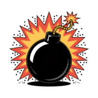 Cartoon bomb with lit fuse and explosive burst behind it on a background png
