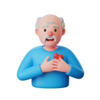 Cartoon old man holding a red heart shape against his chest with both hands png