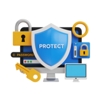 Data security on computer with shield, key, and lock icons in 3d rendering png