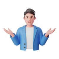 Cartoon man presenting with open hands in blue jacket on transparent layer png