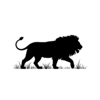 Lion silhouette walking through grass, side view, isolated on a simple background png