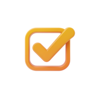 Check mark icon in orange square, 3d rendering symbol for approval and validation png