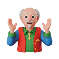 Cartoon grandpa with hands up in surprise on a plain background, 3d render png