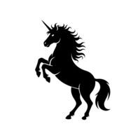 Silhouette of rearing unicorn with flowing mane and tail on a stark field png