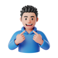 Cartoon man pointing at himself with fingers smiling in blue sweater 3d render png
