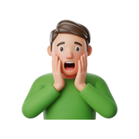 Surprised man with hands on face, 3d rendering of cartoon character with open mouth png