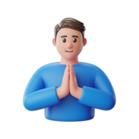 Cartoon man with hands in prayer pose, 3d render on transparent background png