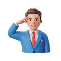 Cartoon man in suit saluting with hand gesture, 3d rendering, isolated png