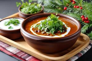 Christmas rajma masala with coriander and cream being served with rice and yogurt photo