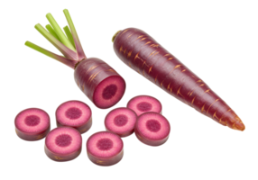 Purple carrots with slices and whole carrot isolated on a plain surface png