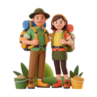 Cartoon hikers couple with backpacks and hats standing together smiling happy png