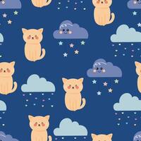 Seamless pattern cute cartoon cat with cloud and sky element. cute pattern for wallpaper, background and gift wrap paper vector