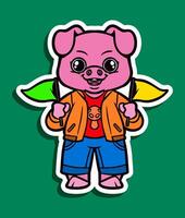 Cartoon Character of a Cute Pig Holding Flags, Wearing Jacket, and Smiling. vector