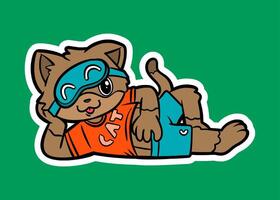Cute cartoon cat relaxing with a sleep mask and smiling vector