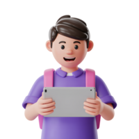 Cartoon student using tablet computer for education, 3d rendering illustration png