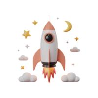 Rocket launch with stars and moon in space, 3d render illustration png