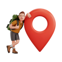 Hiker leaning on location pin, 3d render of cartoon character with backpack and red map marker png