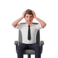 Stressed man holding head in despair sitting in chair with an upset expression png