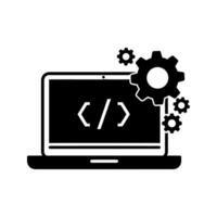 Laptop displaying code with gear icons representing settings and configuration vector