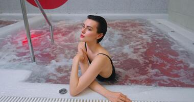 Be Happy And Relaxed, Jacuzzi In Modern SPA Center, Portrait Of Beautiful Woman In Swimming Pool video