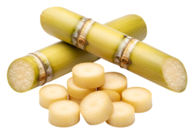 Sugarcane stalks and sliced pieces isolated on plain background, close up view png