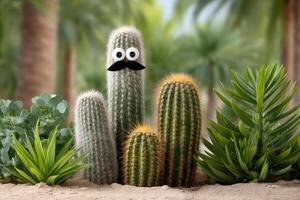 Funny mustached cactus wearing googly eyes growing in the desert photo