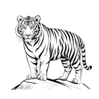 Tiger illustration standing tiger with stripes on a rock, line art style png