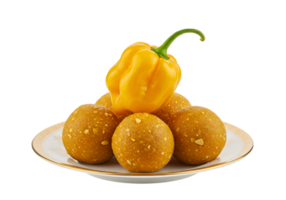 Laddu sweets with yellow bell pepper on plate against a plain background png