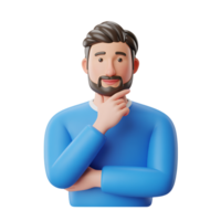 Thinking man 3d render with hand on chin isolated on a simple background png